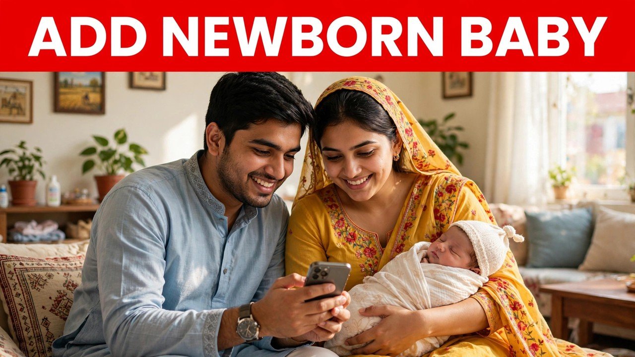 Haryana parents with their newborn baby adding the child to their Family ID on the official PPP portal