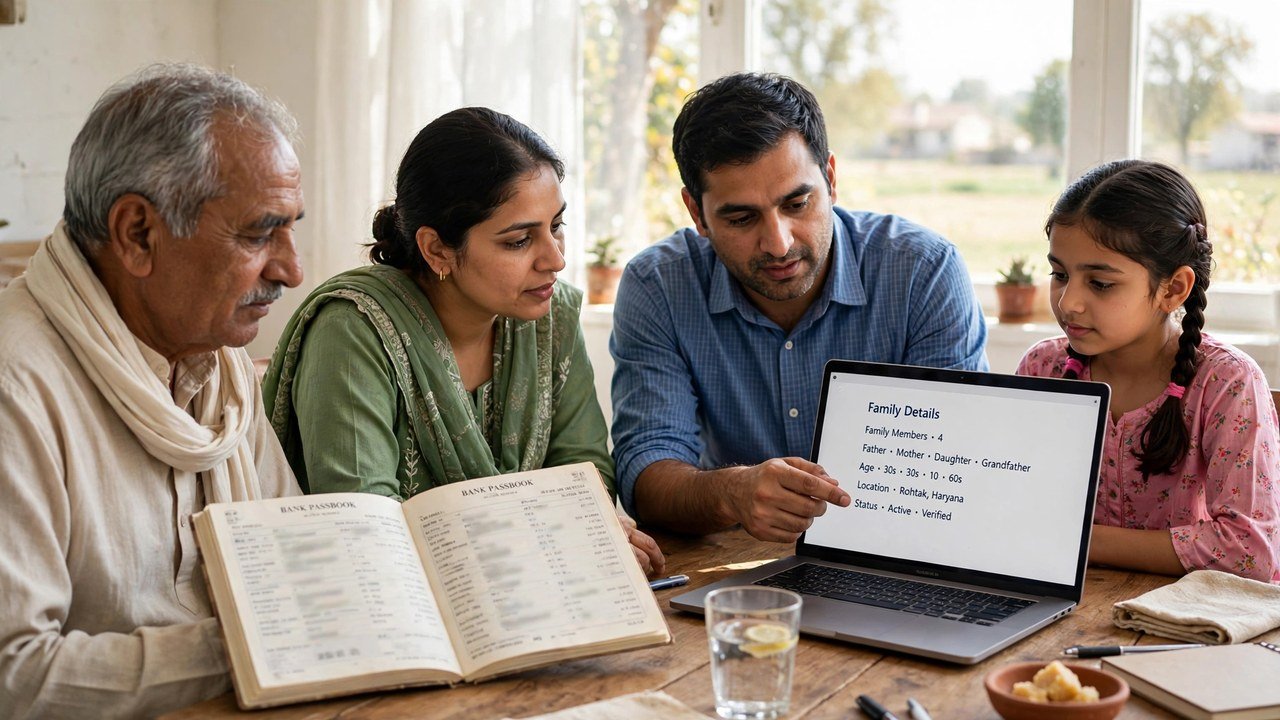 Family comparing bank passbook details with Family ID bank entry before correction in Haryana