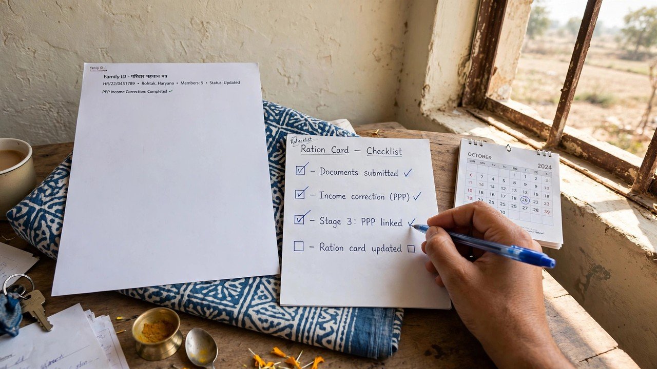 Stages after PPP income correction shown on a home table with Family ID printout and ration card checklist