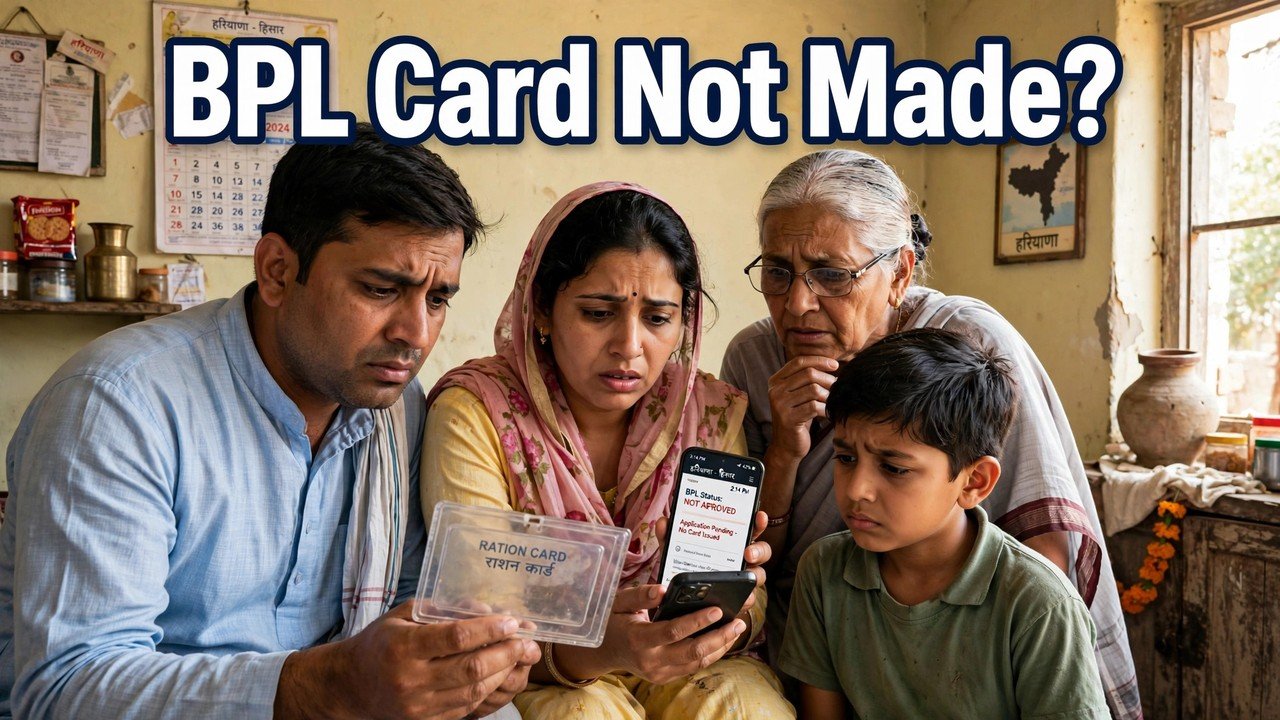 Haryana family worried that their BPL ration card has not been made and checking Family ID income on a phone