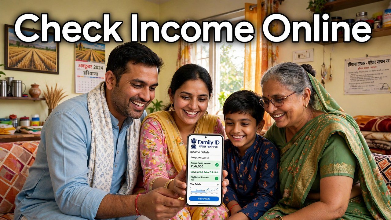 Haryana family checking income in Family ID online on a phone at home