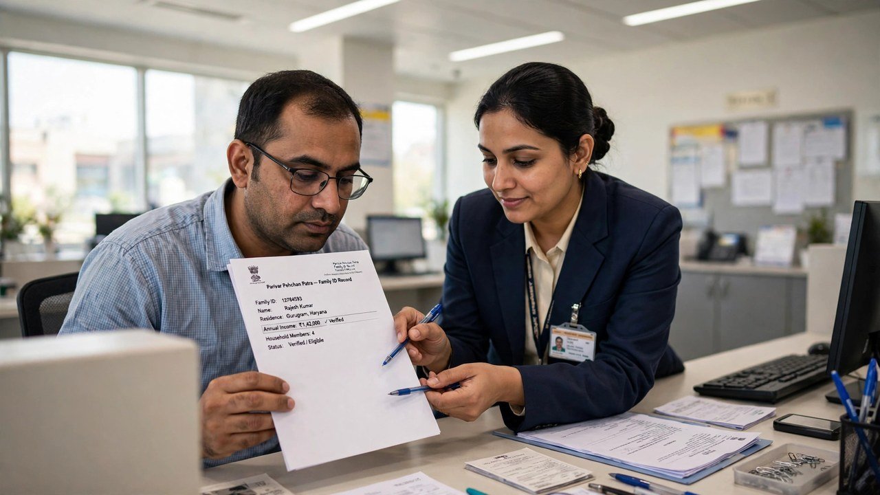 Citizen reading the verified income line in a Family ID record at a Haryana help desk