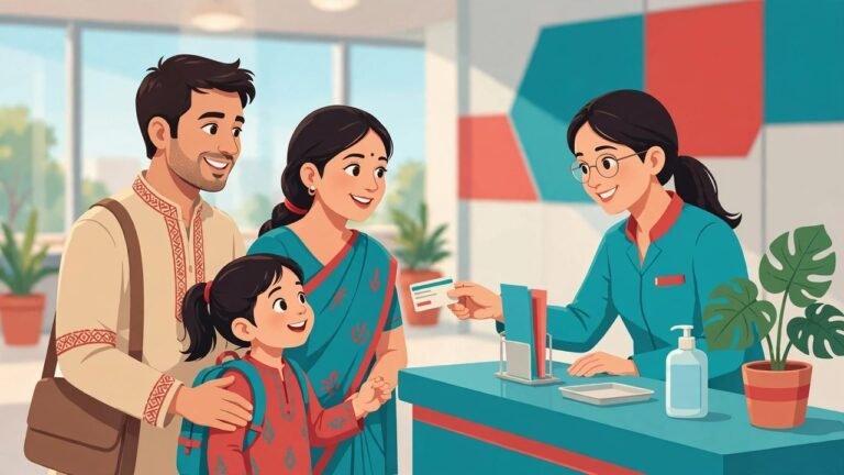 Family at a hospital help desk receiving a Chirayu Ayushman health card in Haryana