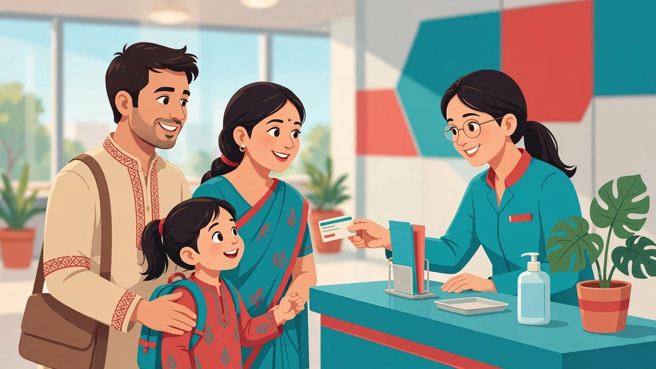 Family at a hospital help desk receiving a Chirayu Ayushman health card in Haryana