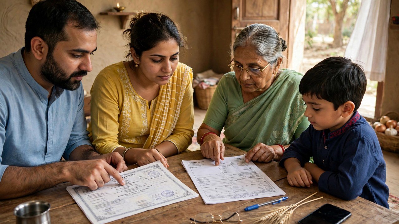 Family comparing date of birth in Family ID with a birth certificate proof before correction in Haryana