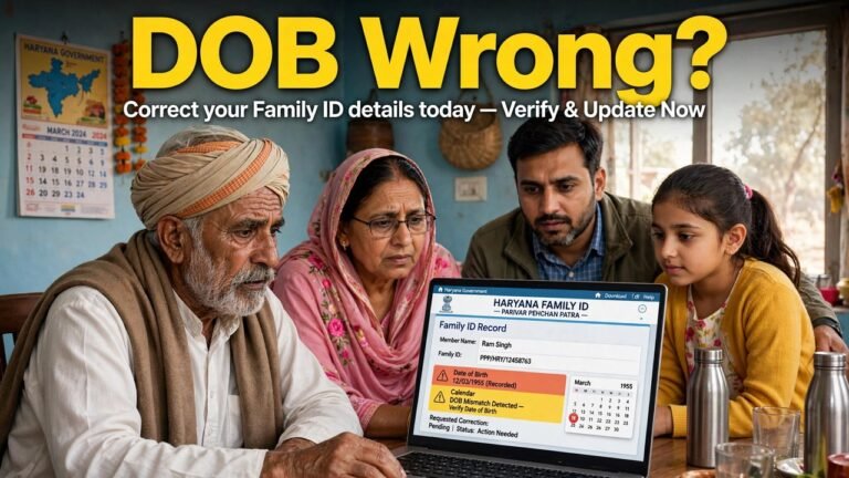 Haryana elderly family member checking date of birth in Family ID for pension age on the official PPP portal