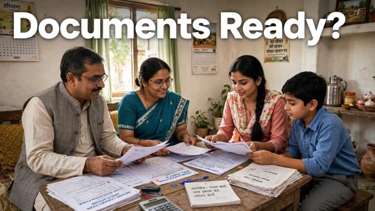 Haryana family arranging documents required for Family ID income correction on a table before applying online