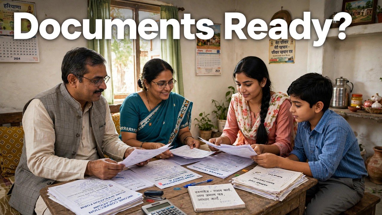 Haryana family arranging documents required for Family ID income correction on a table before applying online