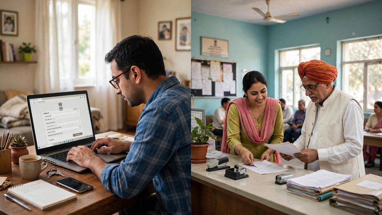 Citizen using Aadhaar search on the Mera Parivar portal and getting help at a SARAL Kendra counter