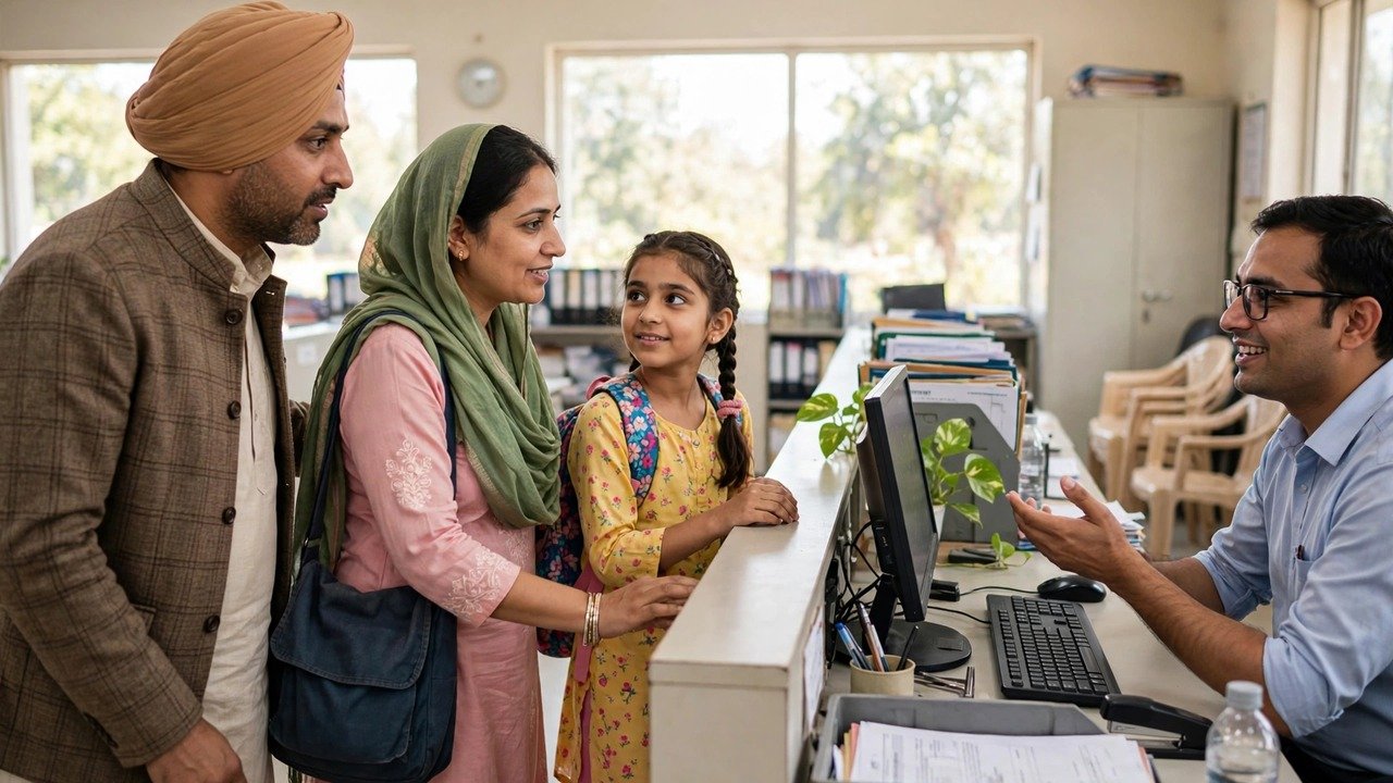 Haryana family at a SARAL Kendra counter asking for help when the Family ID correction module does not open online