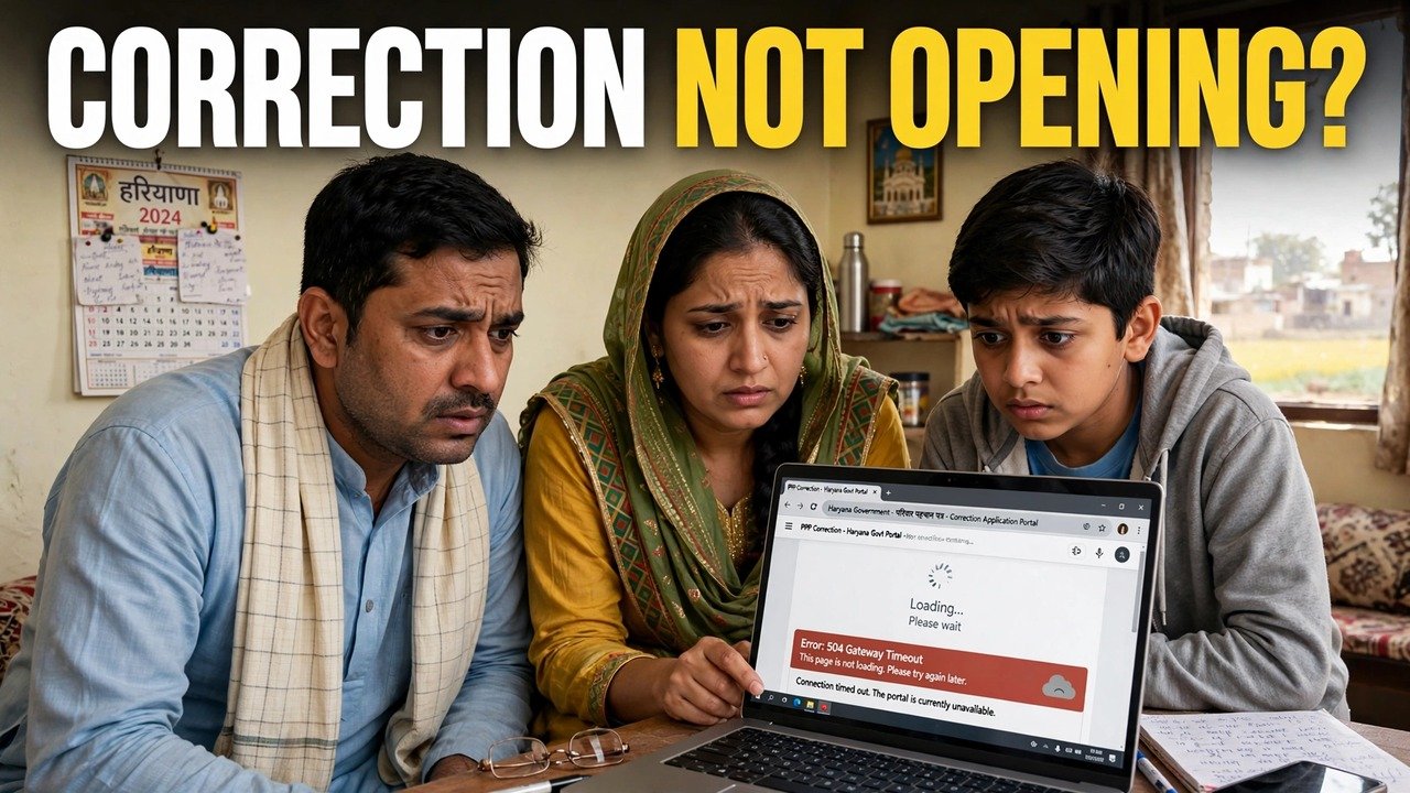 Haryana family looking at a laptop where the Family ID correction page will not open on the official PPP portal