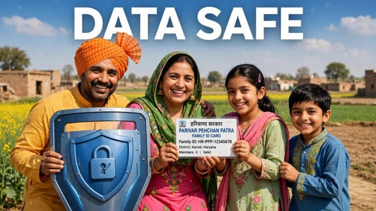 Haryana family holding Family ID card with a protective shield, data will not be shared with anyone
