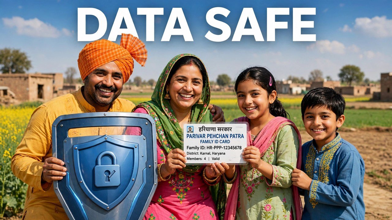 Haryana family holding Family ID card with a protective shield, data will not be shared with anyone