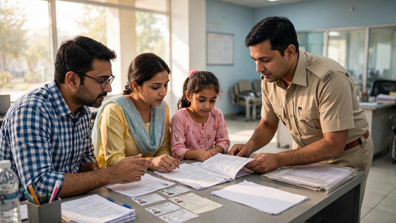 Family discussing Family ID deactivation request at a Haryana service centre