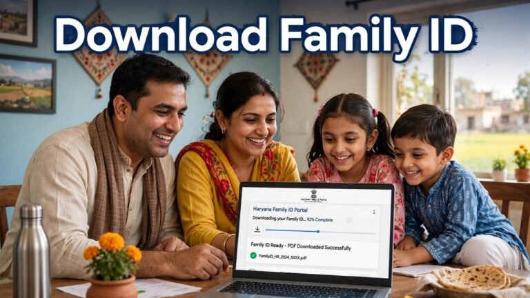 Haryana family downloading the PPP Family ID card at home using Aadhaar search on the official portal