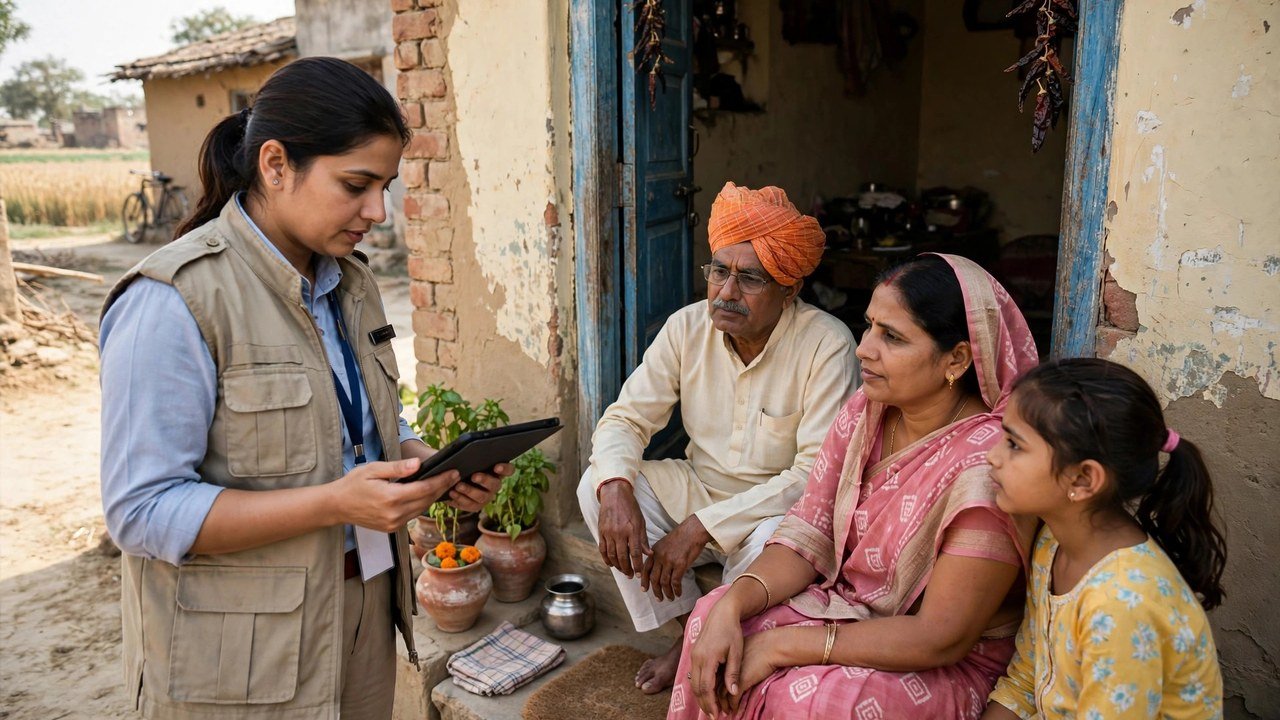 Officer carrying out field verification of Family ID details for a Haryana family