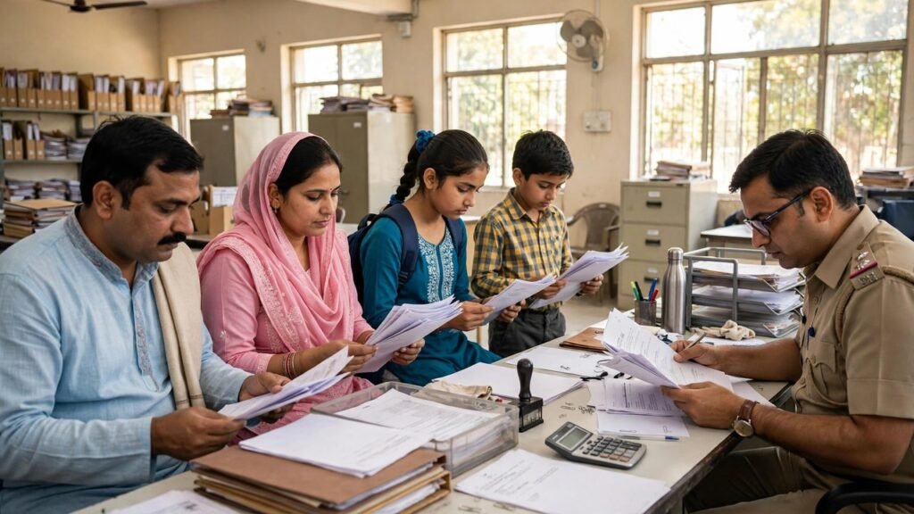 Haryana family preparing documents for a fresh Family ID income review at a help desk
