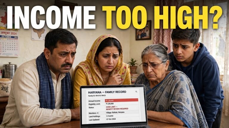Haryana family applying for Family ID income correction online on a laptop