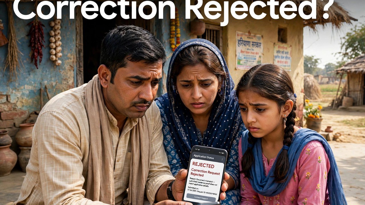 Haryana family reading a rejected Family ID income correction result and planning the next step