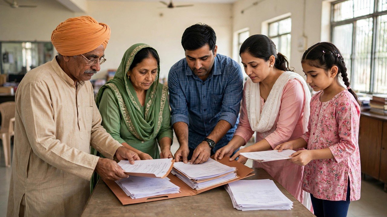 Haryana family arranging a folder of income documents for a Family ID correction at a service centre