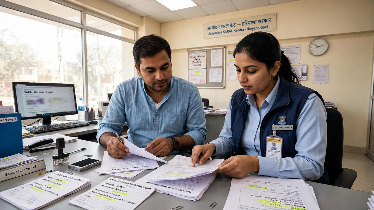 Citizen reviewing Family ID income verification status at a Haryana service centre