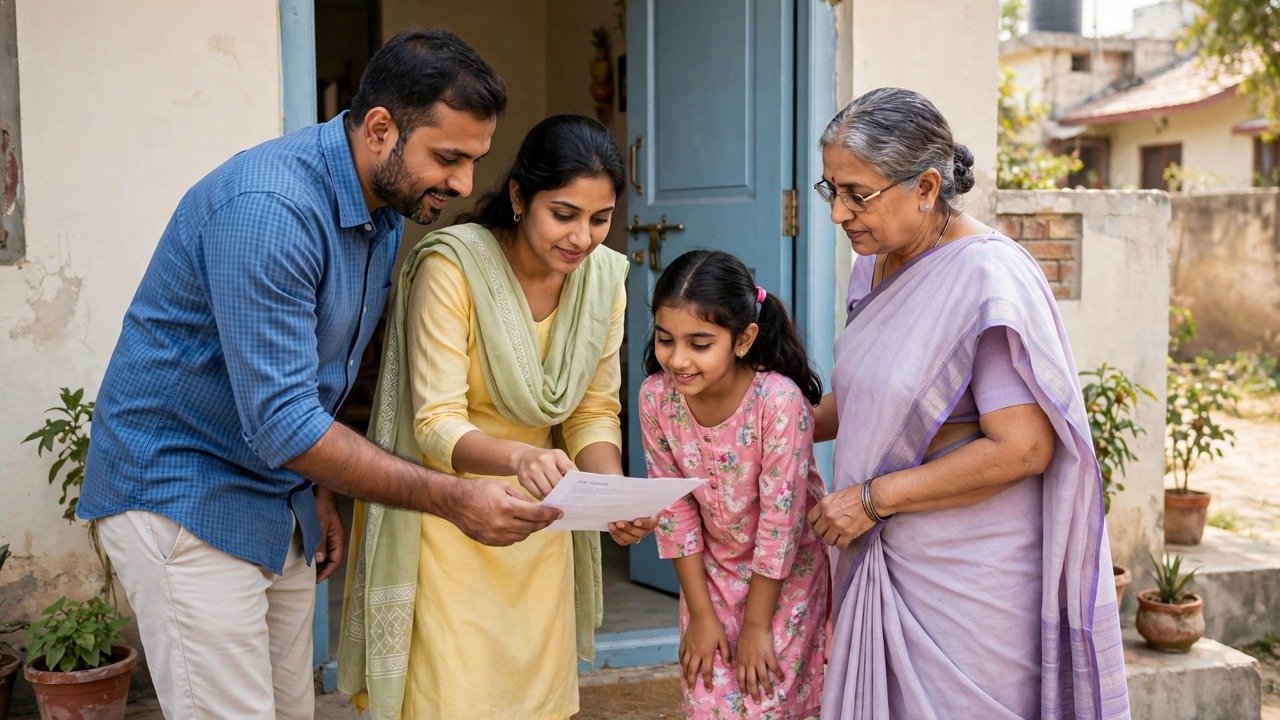 Family checking their new home address entry in Family ID after shifting house in Haryana