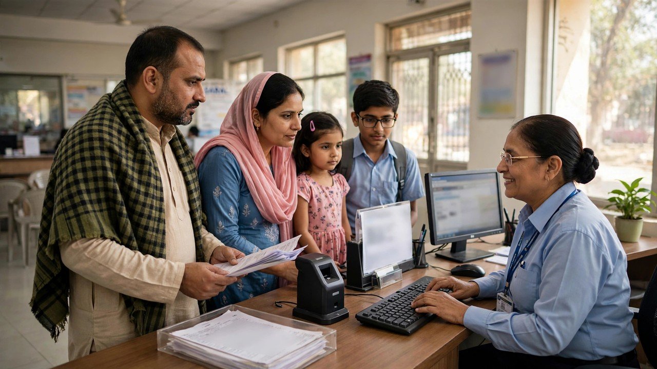 Family at a SARAL Kendra counter updating the mobile number in their Family ID record in Haryana