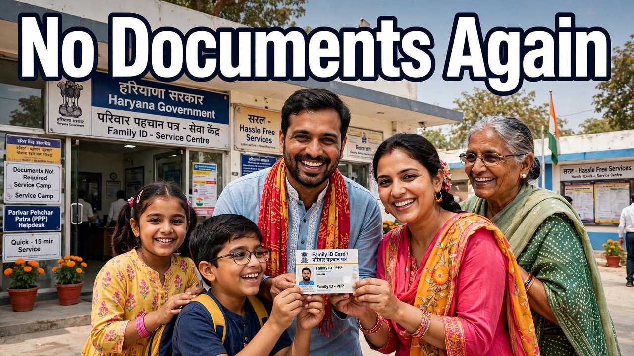 Happy Haryana family holding Family ID card, free from submitting same documents again for government schemes.