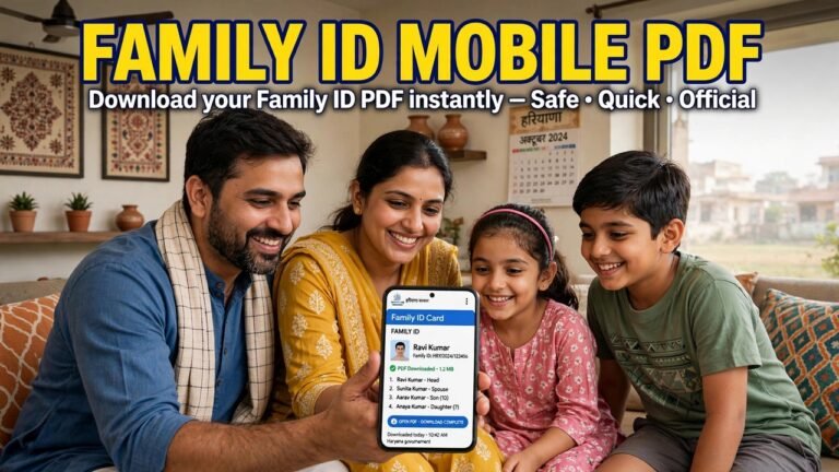 Haryana family downloading the Family ID PDF on a mobile phone at home