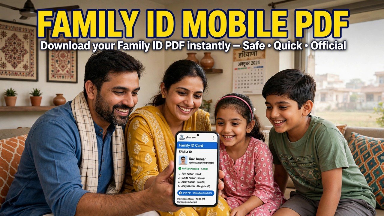 Haryana family downloading the Family ID PDF on a mobile phone at home