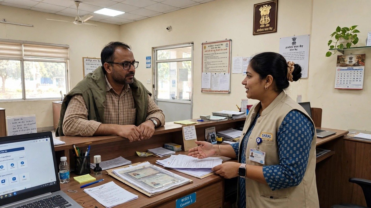 Citizen discussing a pending Family ID case at an official SARAL Kendra counter in Haryana