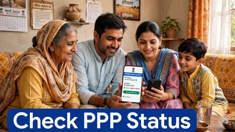 Haryana family checking PPP Family ID status on a mobile phone