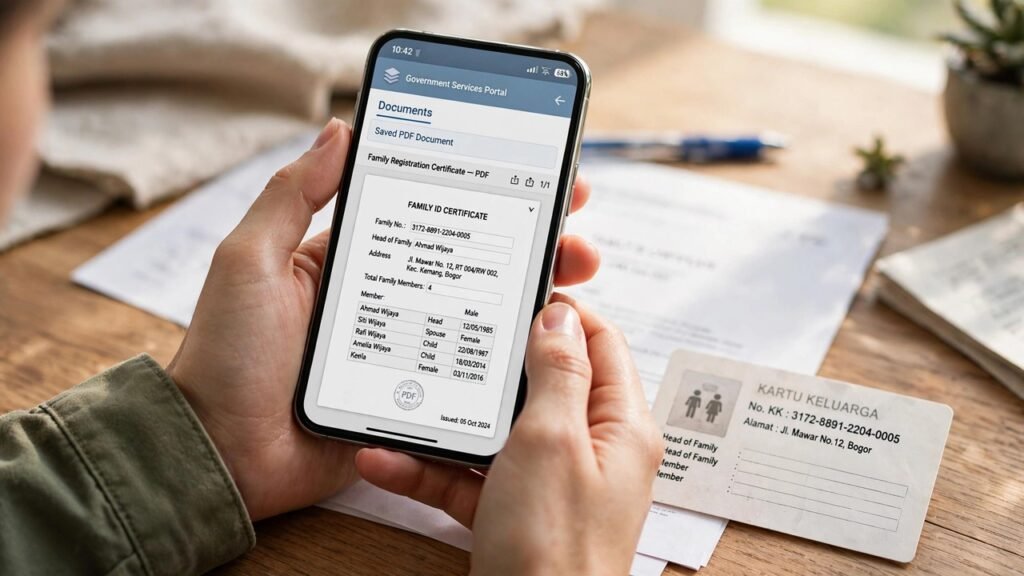 Person holding a smartphone on the Print PPP screen while saving the Family ID as a PDF