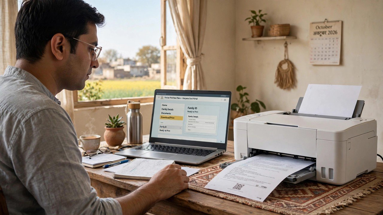 Citizen re-printing the Family ID from the Print PPP view on the Mera Parivar portal at home