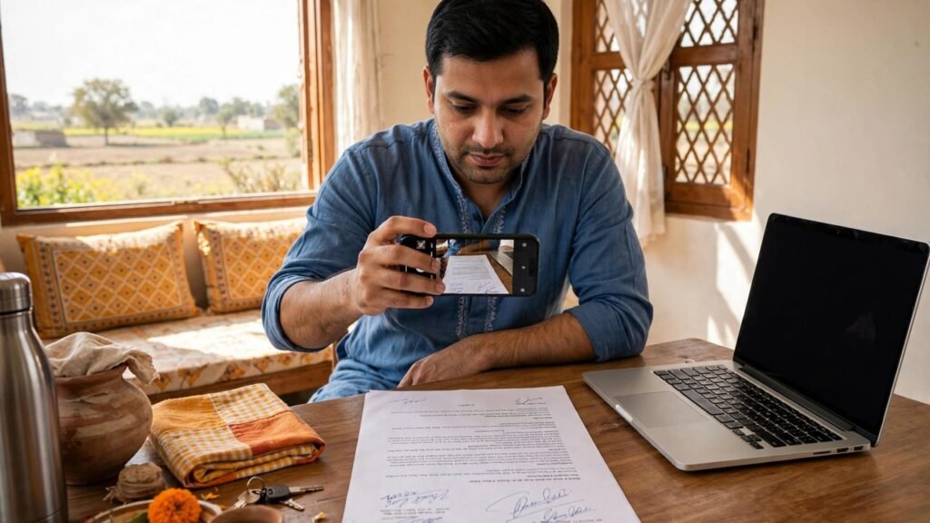 Citizen checking a signed Family ID form and uploading a clear copy through the Mera Parivar portal