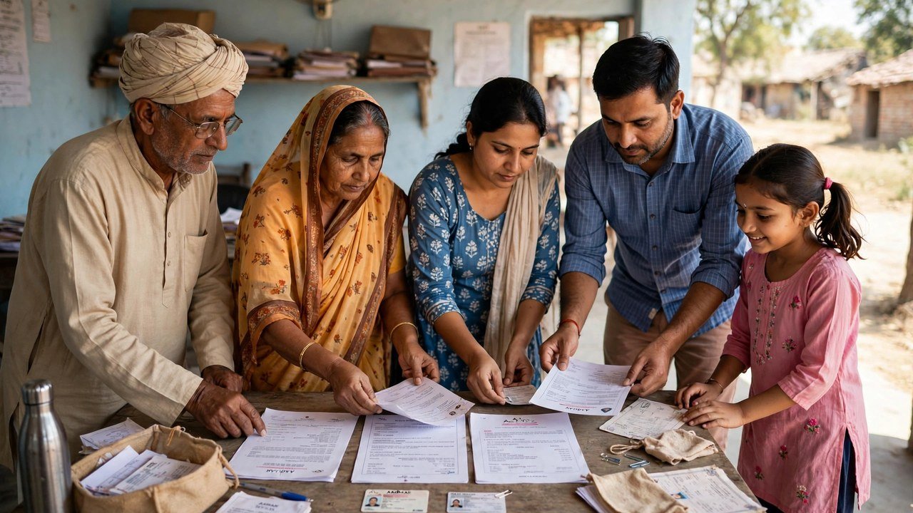 Family arranging Aadhaar, Voter ID and birth proof documents for Family ID verification in a village