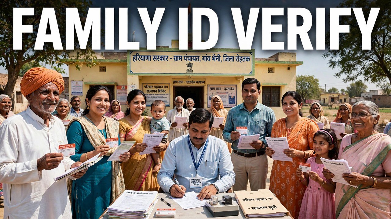 Haryana village family at Gram Sabha holding documents for Family ID verification