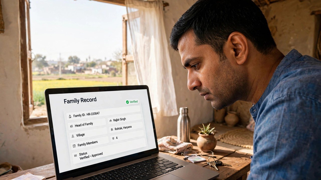 Citizen looking closely at a verified field on the Family ID record on the Mera Parivar portal