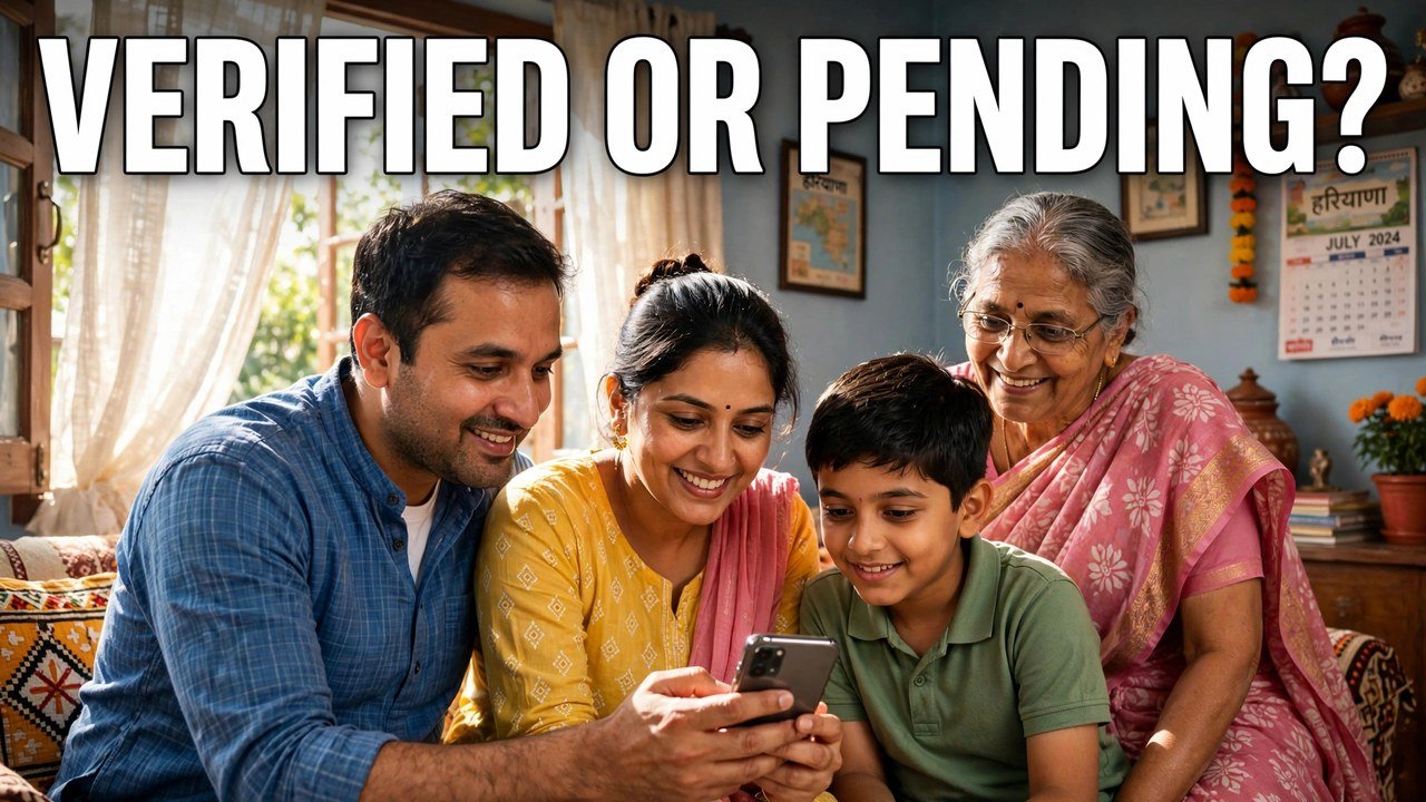 Haryana family checking on a mobile phone whether Family ID income shows verified or still pending.