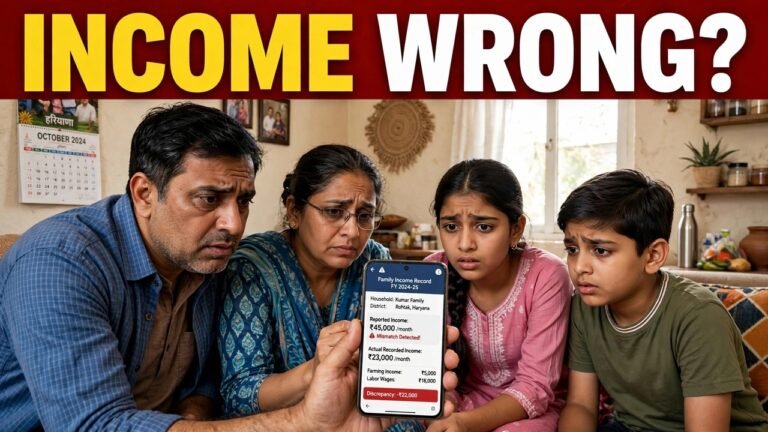 Haryana family checking a wrong family income in PPP and opening the grievance option on a phone