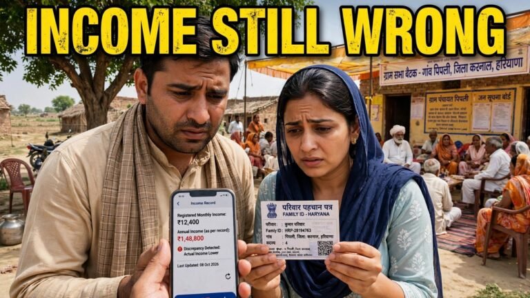 Haryana family at a village Gram Sabha checking a Family ID income that still shows wrong