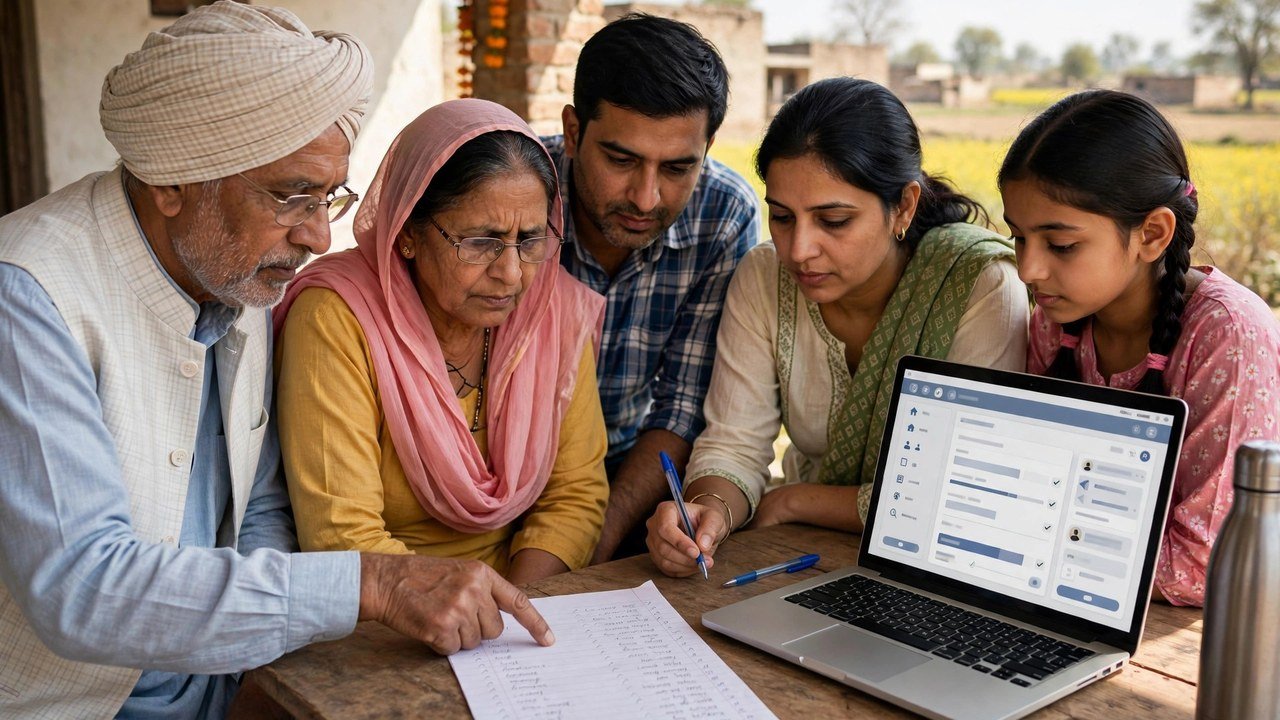 Family checking the exact spelling of a member name before correcting it in the Family ID in Haryana