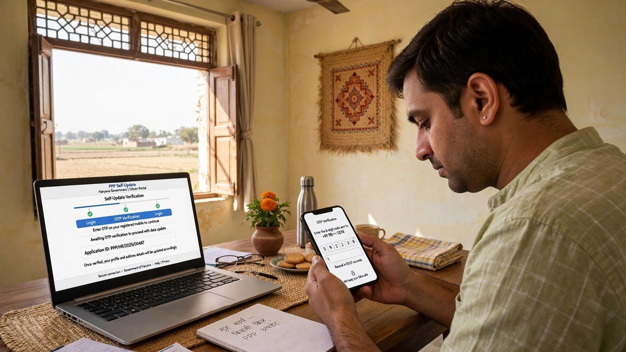 Citizen entering OTP on a phone at home to open the PPP self-update and correction process.