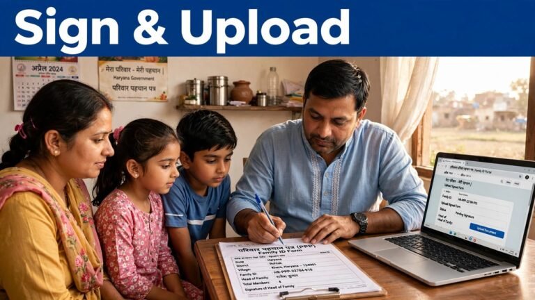 Haryana family head signing a printed Family ID form before uploading it back to the official PPP portal