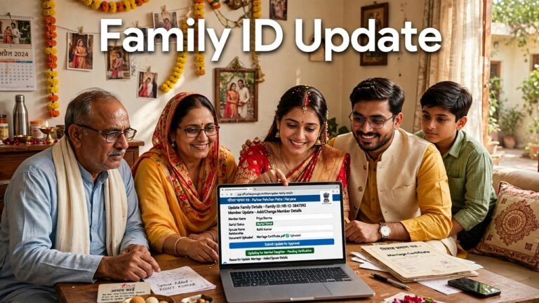 Haryana family updating their daughter's Family ID record after her marriage on the official PPP portal