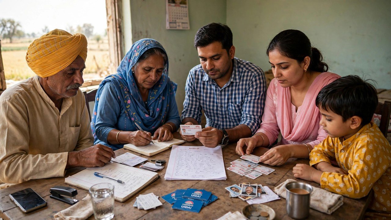 Family preparing a member list and documents before applying for a separate Family ID in Haryana