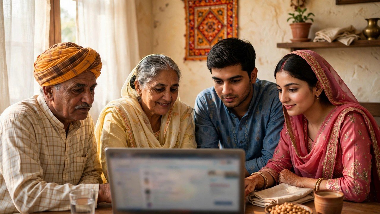 Haryana family checking the new member entry for the wife in the Family ID member list after marriage